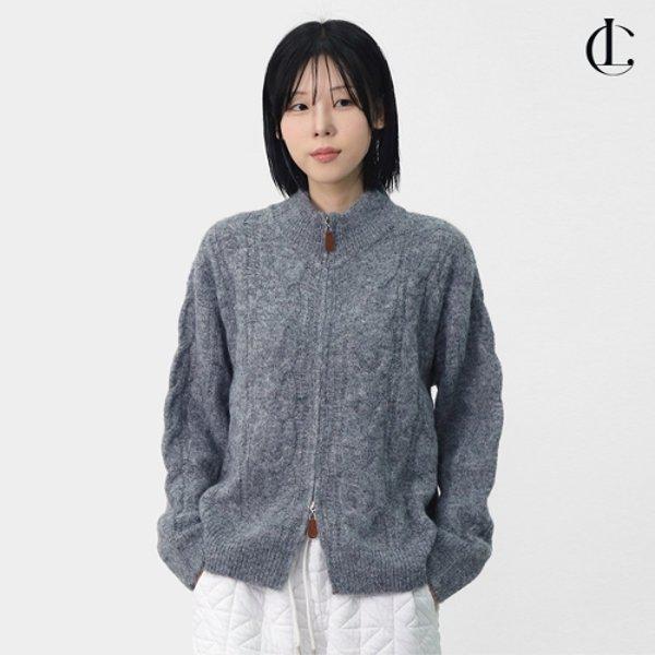 レディース冬カジュアルウール混紡ケーブル編みレザーツーウェイケーブルニットジップアップLMN002