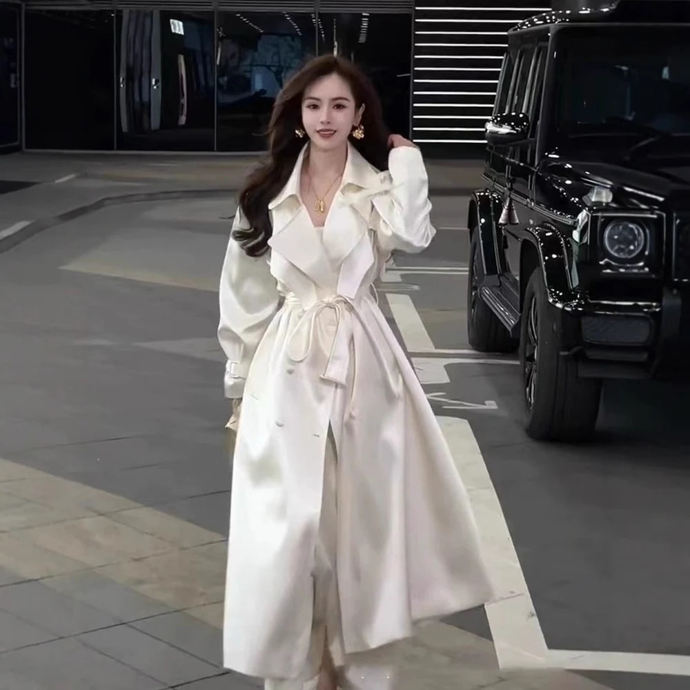 2025 春 新作 薄い ルーズ ファッション 気質 高度なセンス サテン ウエスト ホワイト トレンチコート ジャケット ロング