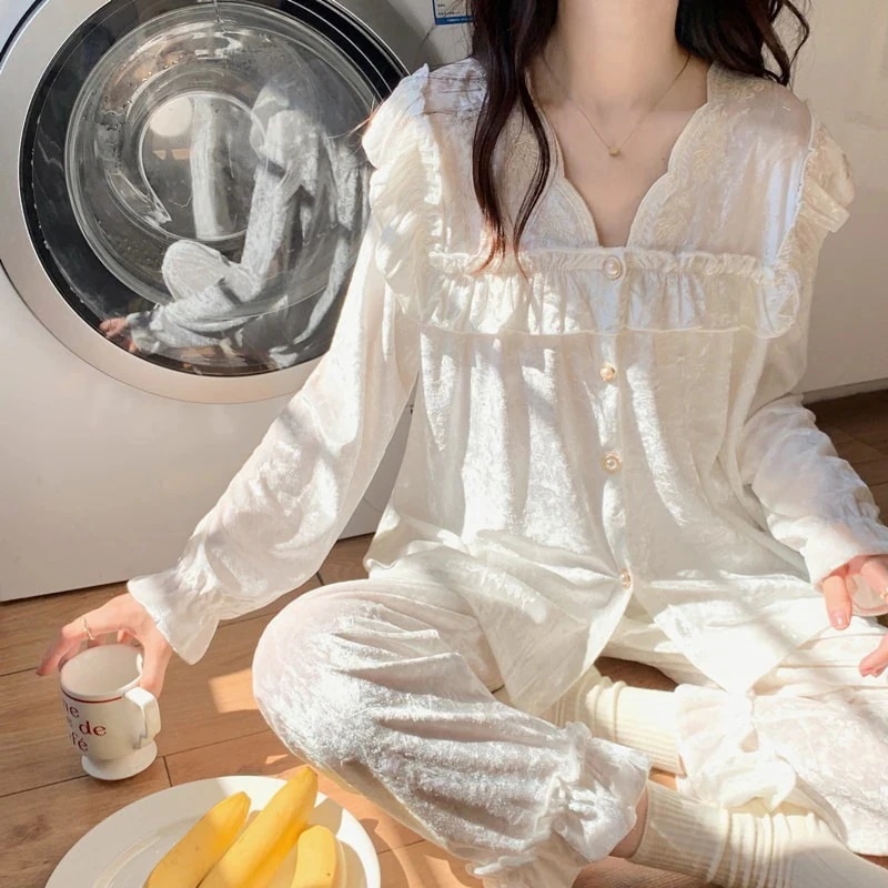 暖かい 可愛い パジャマ レースVネック オシャレ ウェア 上下セット レディース 厚手 ベルベット パジャマ 長袖 大きめサイズ 新作 モコモコウェア 部屋着