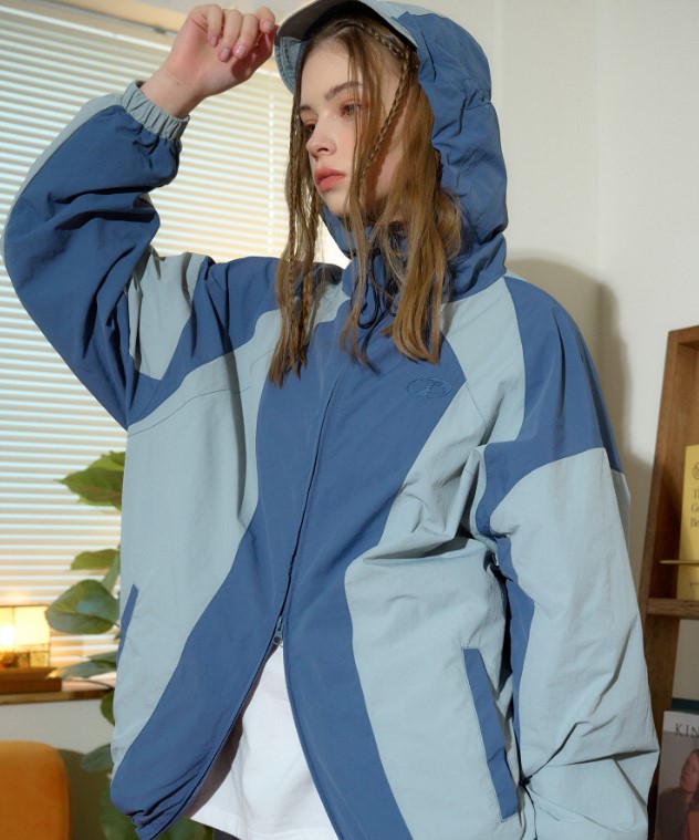 ネックスリット フード ウインドブレーカー ブルー & グレー　UNISEX