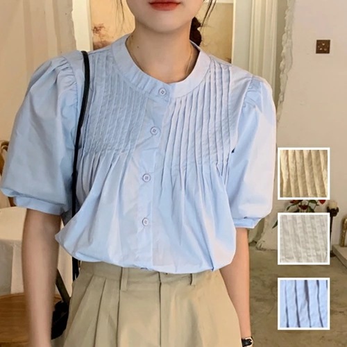 ブラウス シャツ 韓国 ファッション レディース 春 夏 カジュアル コーデ シンプル 定番 セレカジ 20代 30代 40代 2025 タック パフスリーブ バンドカラー シャツ