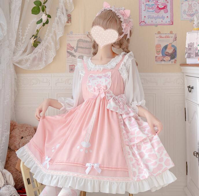 ロリータワンピース 猫柄 ピンク キャミソール ロリータドレス 膝丈 ノースリーブ 萌え萌え コスプレ衣装 学園祭 文化祭 イベント ハロウィン 発表会 コスチューム リボン
