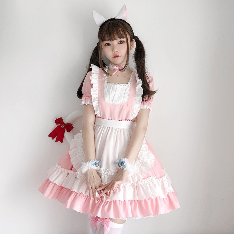 ピンクの猫メイド服ロリータソフトガールドレスロリメイド制服コスプレアニメロールプレイ