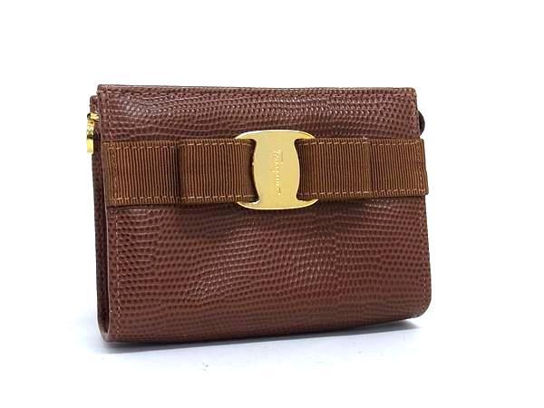 小物入れ ヴァラ リボン ポーチ 223057 ブラウン リザード型押しレザー レディース ゴールド金具【本物保証】