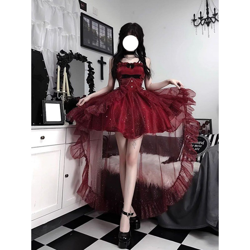 レッドドレス ライトドレス プリンセスドレス ロリータ 可愛い スイート スーパーフェアリー 微ラメ ロリータ トレーリングチュチュスカート 夏