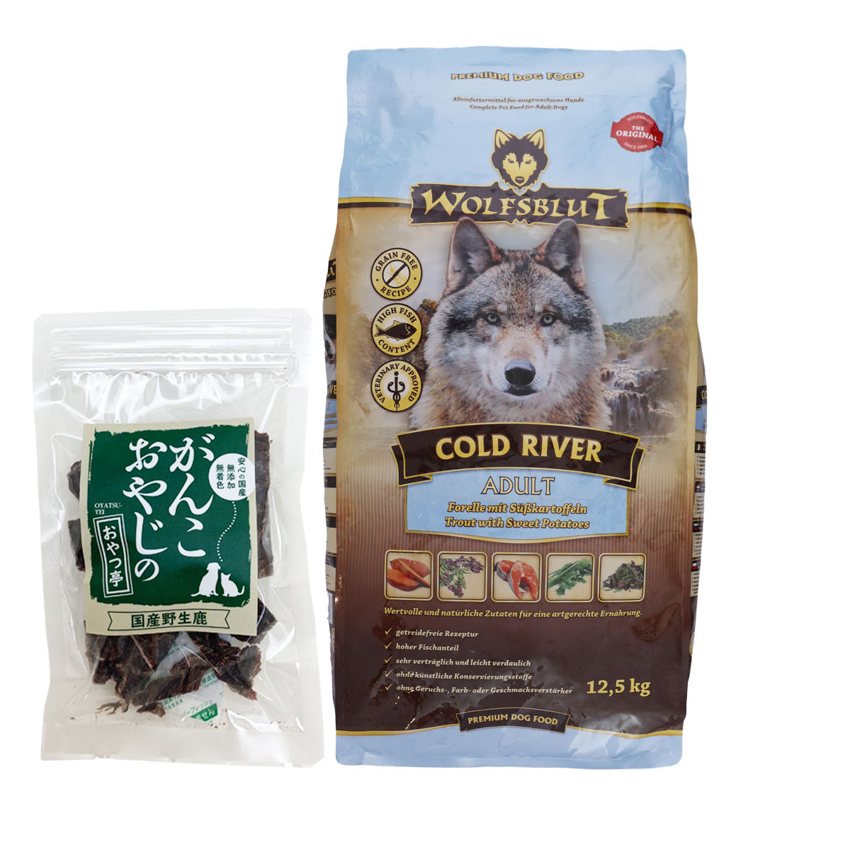 ウルフブラット アダルト コールドリバー（マスとスイートポテト）12.5kg 【国産鹿肉ジャーキー20g付き】