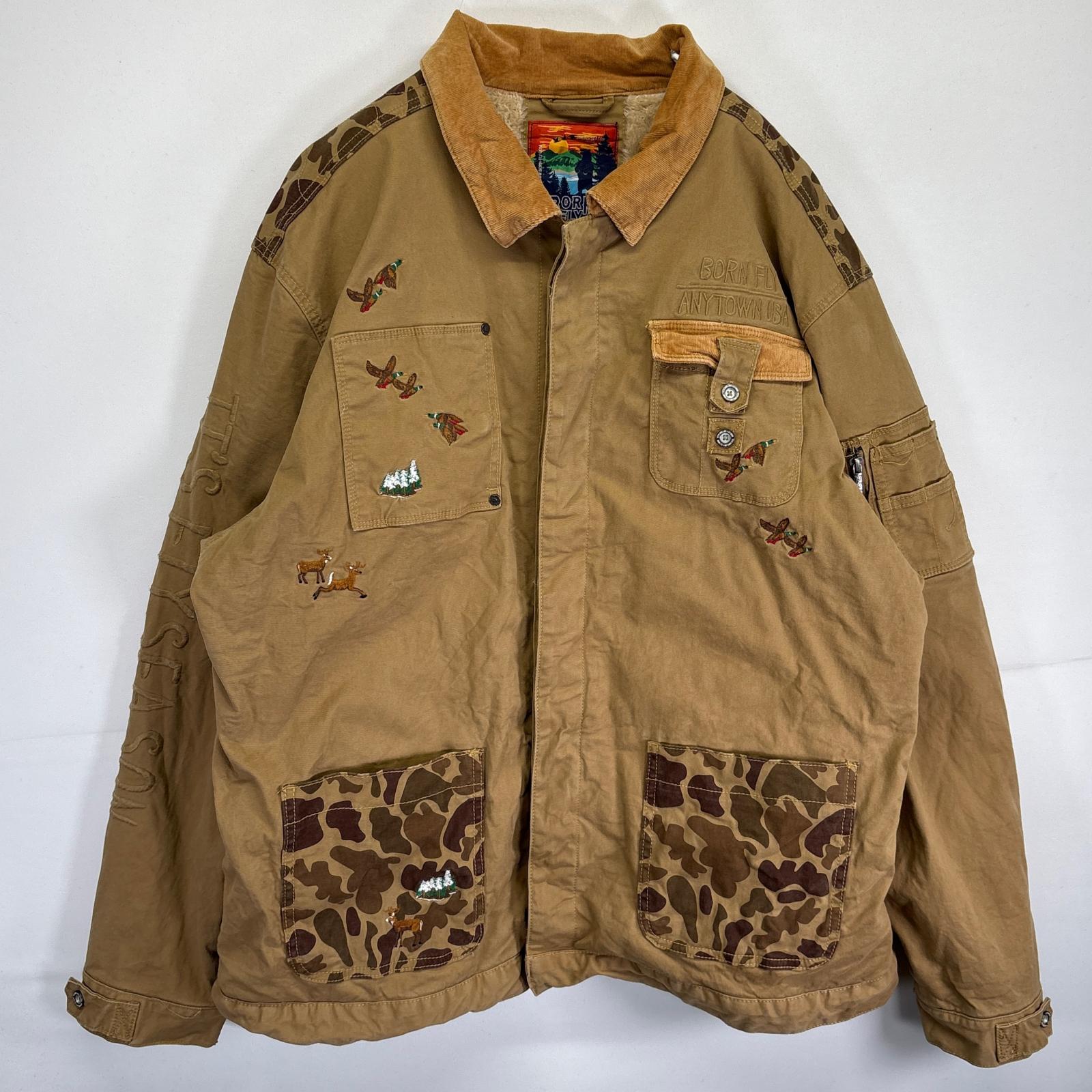 古着 BORN FLY カバーオール サファリジャケット 大きいサイズ ボアライナー 刺繍 3XL ブラウン系 メンズ