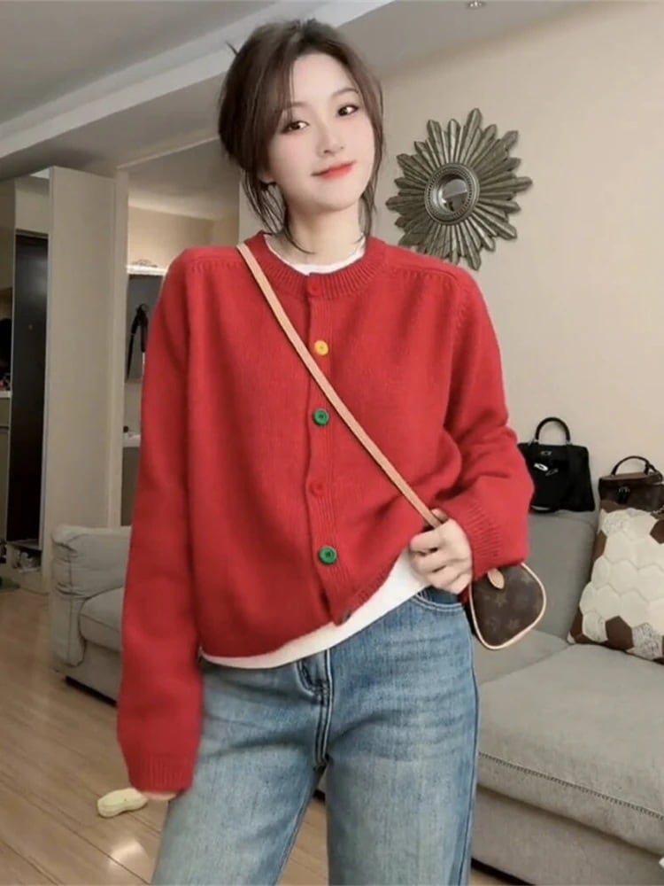 フレンチクルーネックニットカーディガン女2026早春デザインだるいゆったりセーターコートにモチモチトップス