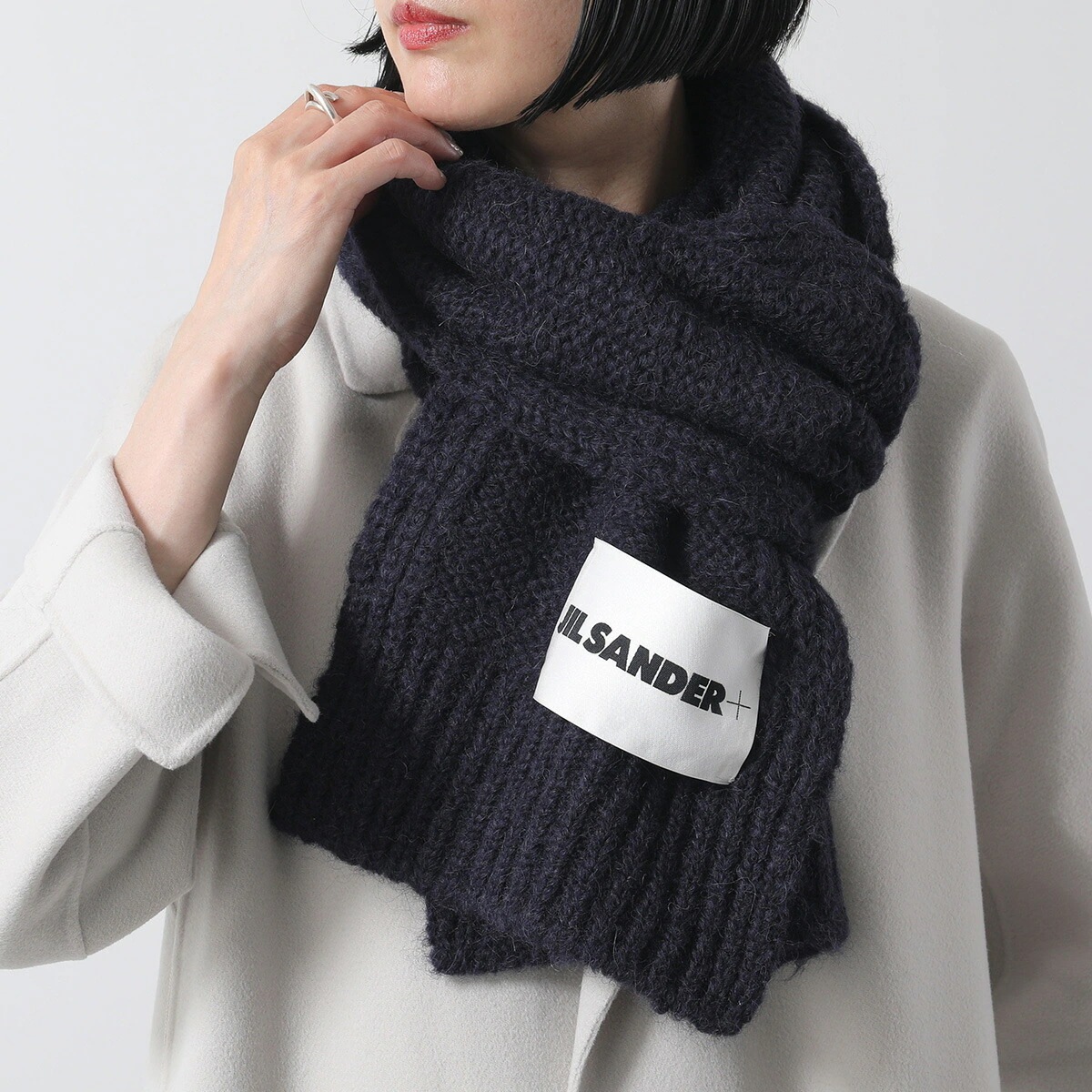 JIL SANDER+ ジルサンダー プラス マフラー J40ZZ0163 J14733 レディース モヘア アルパカ ニット ストール ロゴラベル 402/MIDNIGHT J40ZZ0163J14