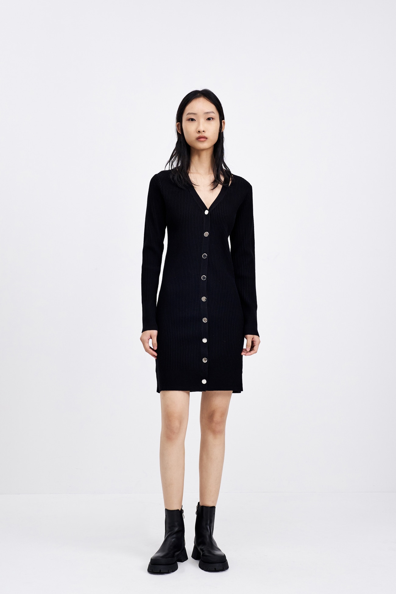 春 レディース 縦縞 ボタン付きタイトニットワンピ S M L ブラック ワンピース 膝上 袖あり 長袖 Vネック かわいい 大人可愛い きれいめ シンプル カジュアル 大人 上品 おしゃれ お洒落