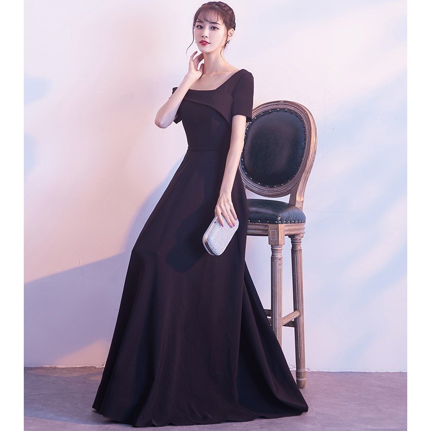 カラードレス 黒 パーティードレス 演奏会 半袖 ロングドレス 結婚式 イブニングドレス 花嫁 二次