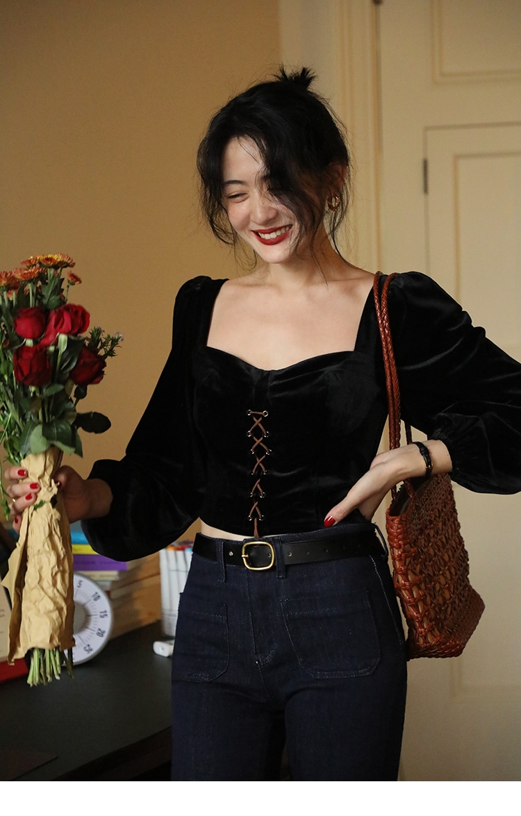 エレガント ショート ベルベット 長袖 シャツ レディース 秋 フレンチ レトロ シック デザイン トップス ブラック S M L トップス かわいい 大人可愛い きれいめ シンプル カジュアル 大人