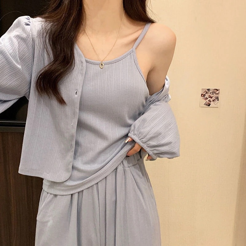 パジャマ春と秋スリープウェア女性コットン長袖セクシーなサスペンダー韓国胸パッド付き無地ホームウェアスリーピース 5,016円