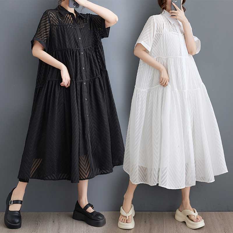 「ファットガール」 2024夏新品 2セットワンピース カバーワンピ＋キャミワンピ レディース 透かし彫り シャツワンピース30%までに制限