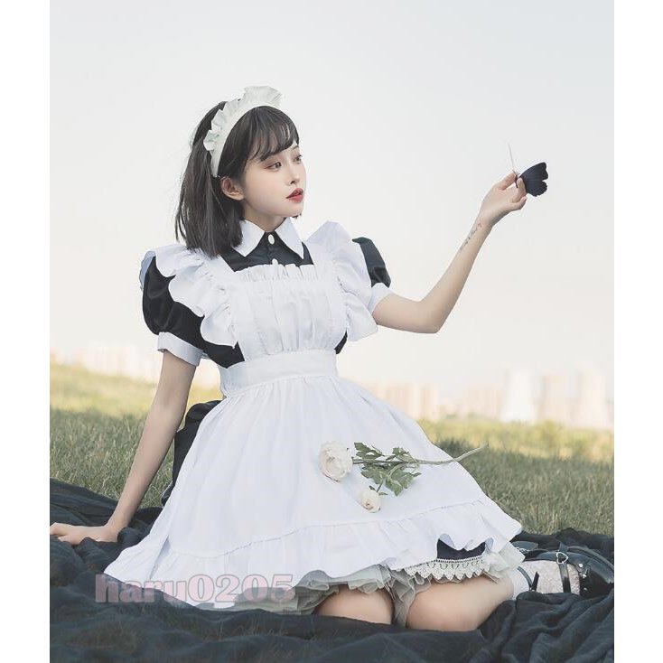 12メイド服 黒白 半袖 長袖 レディース コスプレ ワンピース 膝丈 エプロン クラシカル ロイヤルメイド ロリータ フリル クラシカル 制服 喫茶店変装 ハロウィン