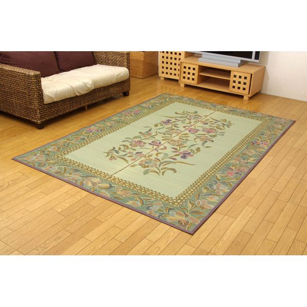 い草 花ござ/ラグマット (袋織 江戸間3畳 約174×261cm) 裏：不織布 防傷 抗防臭 消臭 調湿効果 (リビング ダイニング)