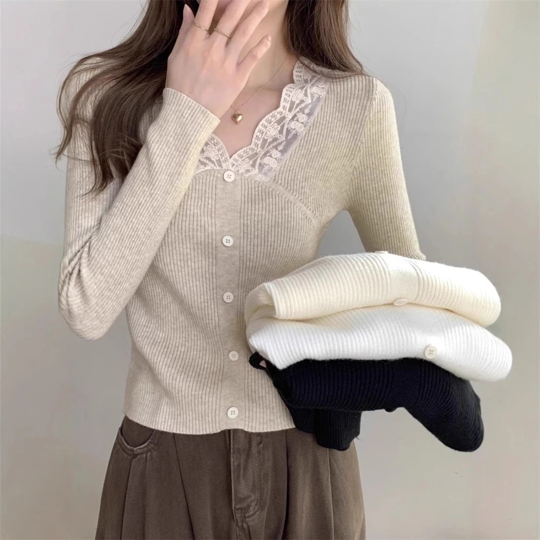 10個セット 気品感のあるレースシャツVネックニット女秋冬身だしなみ痩せ見えインナーボトムセーター