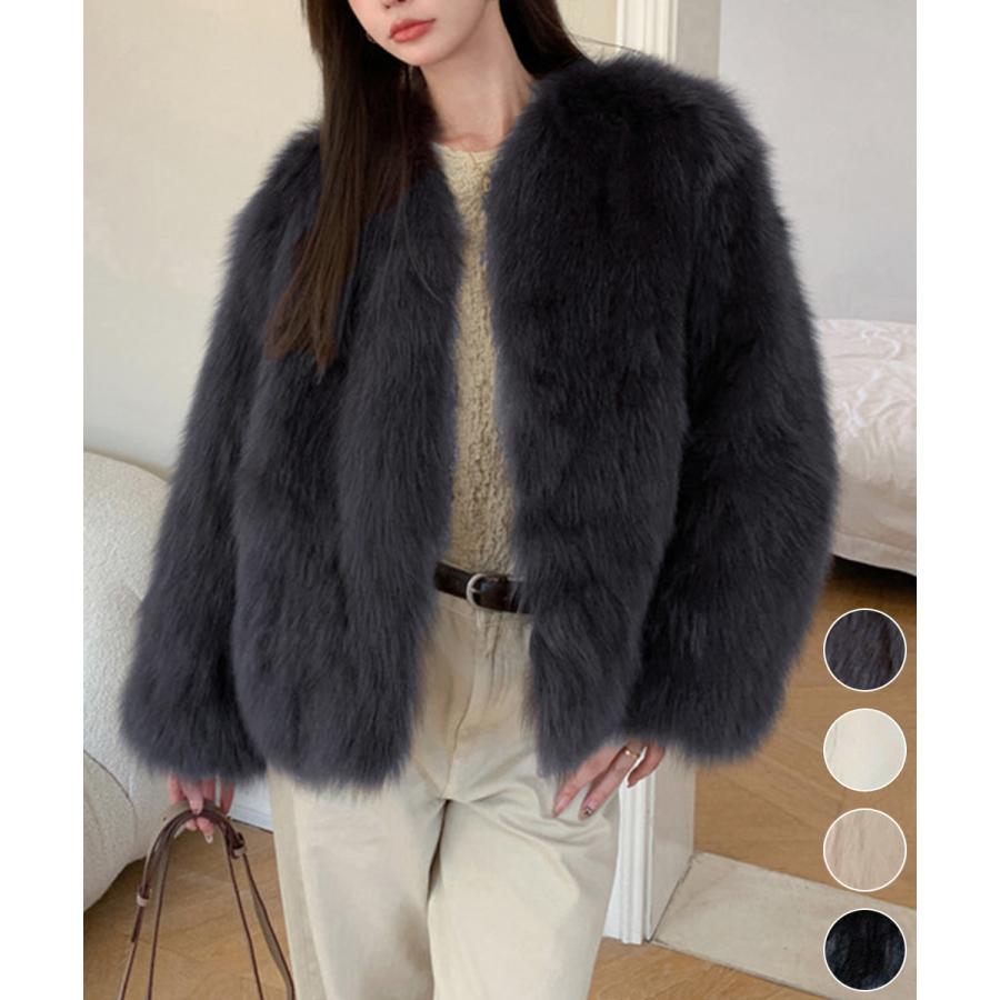韓国風ノーカラーフェイクファージャケット