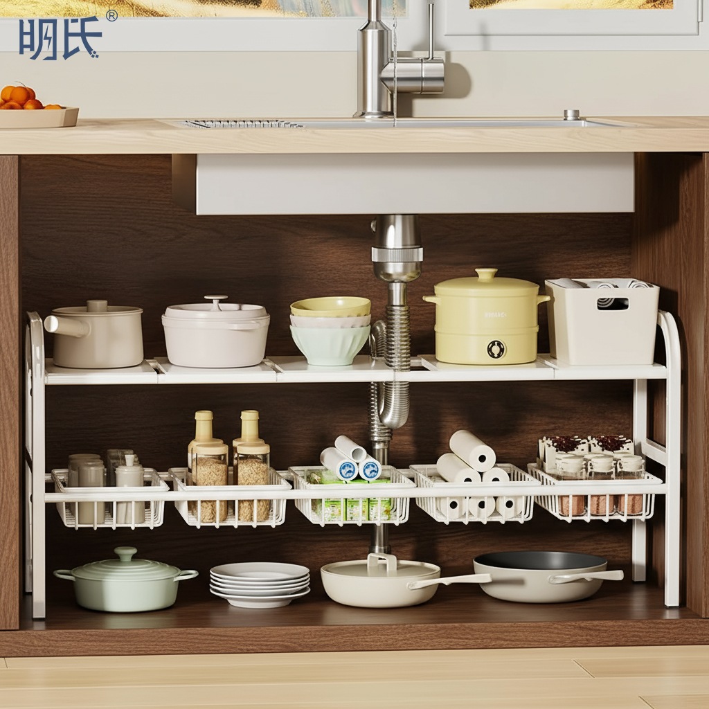 シンク下収納ラック 伸縮式 棚板 5 枚 + バスケット 5 個 52-92×24.5×49cm ホワイト