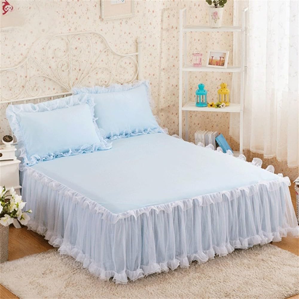 プリンセスベッドスカート ピンク ベッドスカート 無地 ベッドスプレッド ベッドカバー 滑り止めシーツ 枕カバー付き ベッドスプレッド スカイブルー 180cm x 200cm 3枚