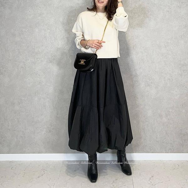 新品更新 バルーンスカート　ロングスカート　ミモレ丈　ブラック　ルーズ　ウエストゴム　ゆったり　女子会　ほっそり効果大 20代30代40代50代60代　ミセス