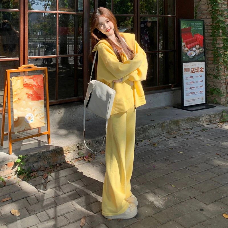 レディースファッション セットアップ ゆったり ニットカーディガン+ワイドパンツ 2点セット カジュアル 上下セット