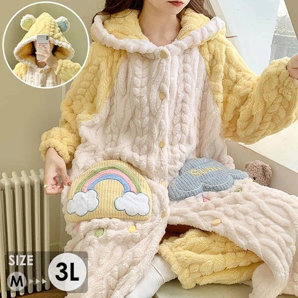 ルームウェア もこもこ パジャマ 冬 長袖 ナイトガウン 着る毛布 上下セット 前開き フード付き 寝巻き 部屋着 暖かい あったか 着ぐるみ モコモコ 大人用 ふわふわ 動物 レディース 女性用 ガ