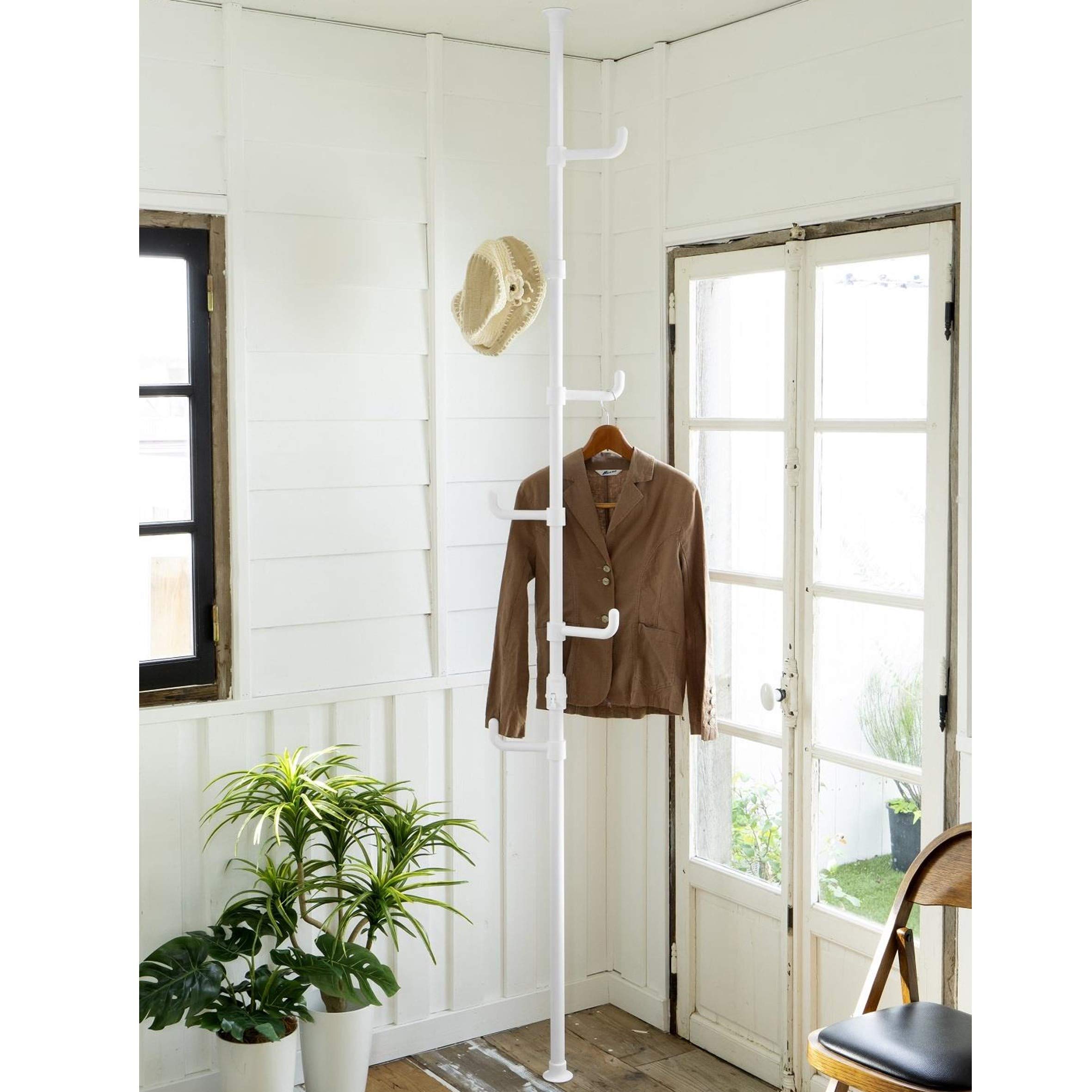 山善(YAMAZEN) 突っ張り ラック ポールハンガー 全体耐荷重30kg ワンタッチ突っ張り (実用新案取得済) 高さ190-260cm コートハンガー 玄関収納 一人暮らし 子供部屋 組立品 マ