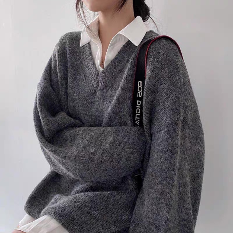 オーバーサイズVネックニット ボリュームスリーブニット ピンク オフホワイト 灰色 グレー 韓国 オルチャン レディース 長袖ニット 長袖セーター プルオーバー ニット セーター クリーム アイボリー