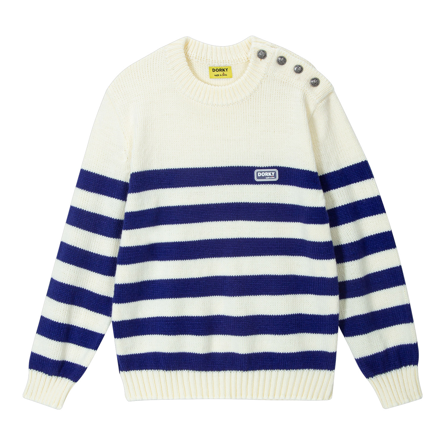 STRIPE SHOULDER BUTTON SWEATER BLUE