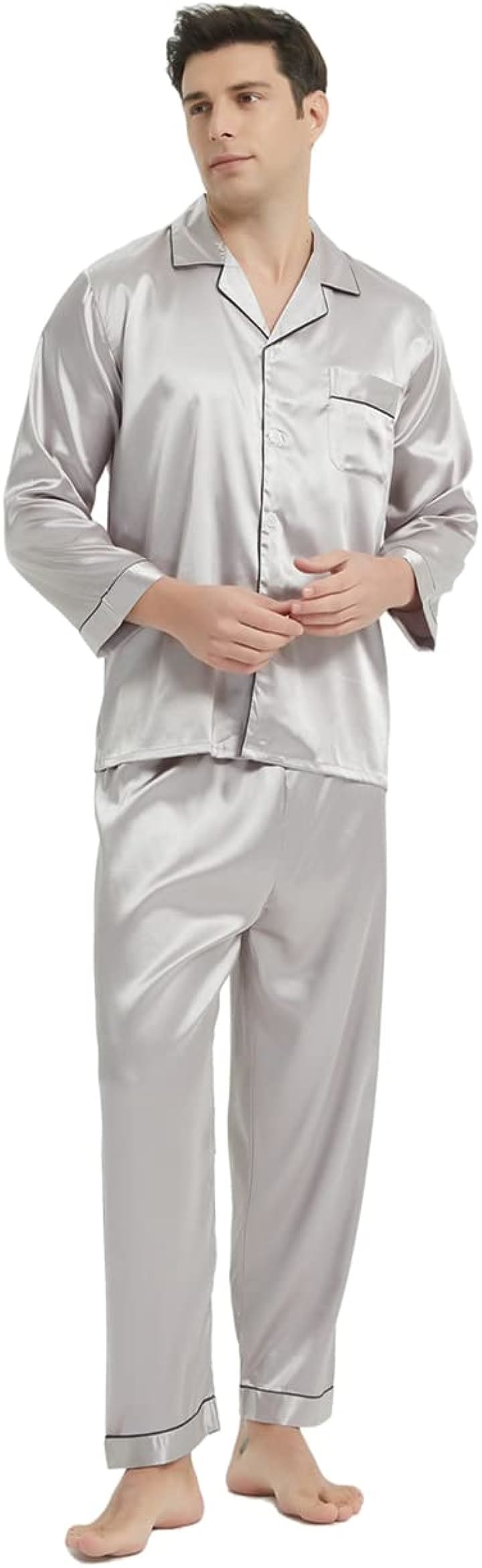 メンズ パジャマ シルク サテン 上下セット ルームウェア 部屋着 長袖 前開き( グレー, XL)パジャマ・ルームウェア