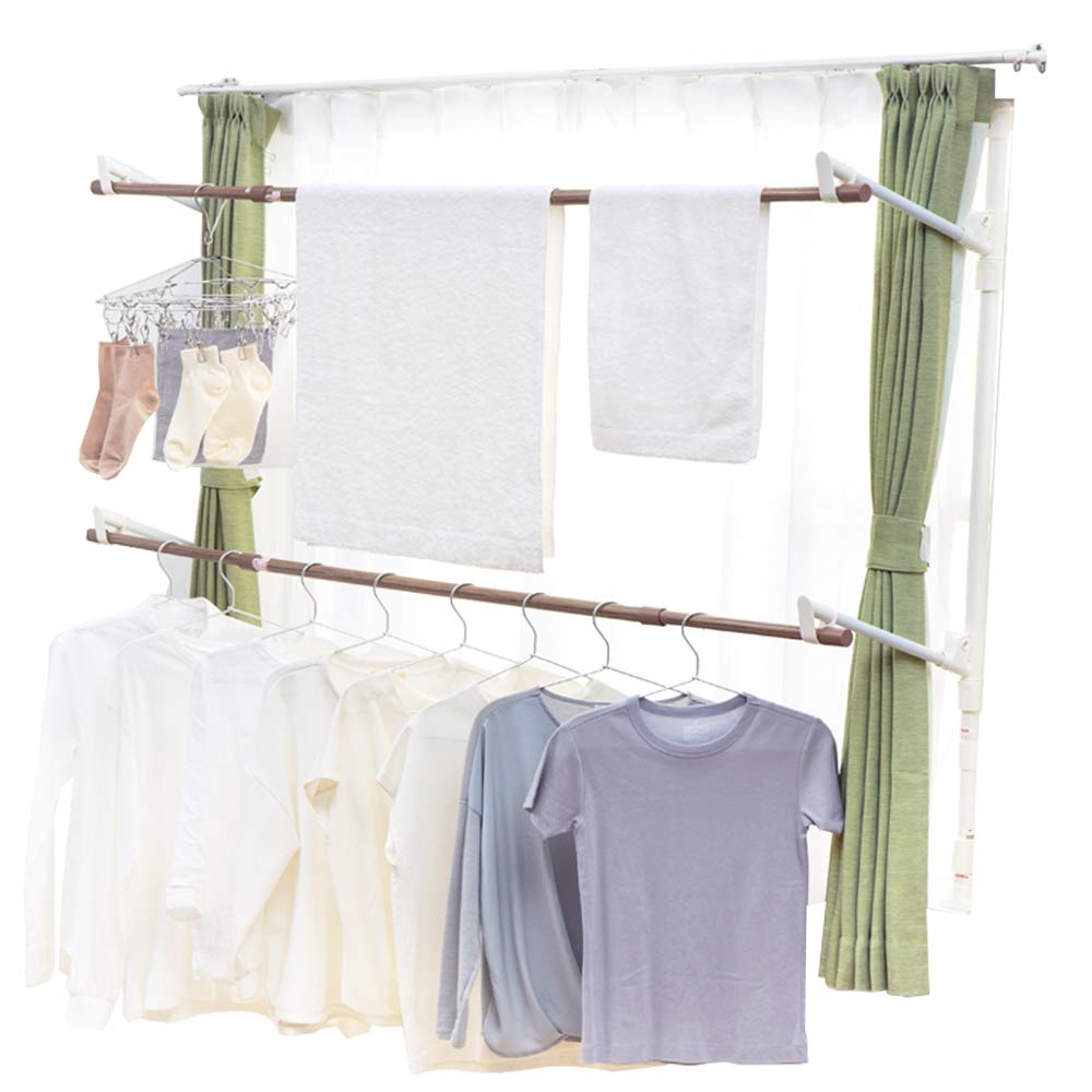 アイリスオーヤマ 窓を開けるだけで外に干さずに乾かせる窓枠洗濯物干し 約3人分 簡単設置 幅約110~190cm 高さ約110~190cm 木目調 ホワイト MW-W190N