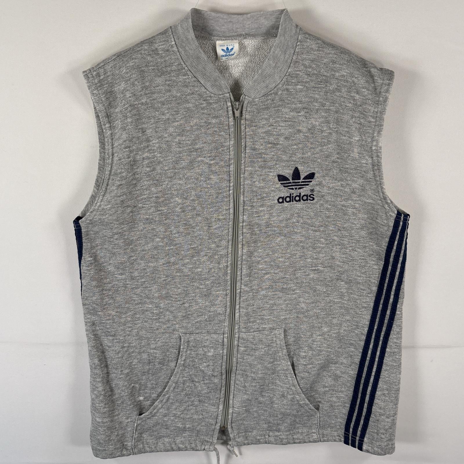 古着 80s/80年代 ヴィンテージ USA製 ベスト スウェット フルジップ トレフォイルロゴ スリーストライプス XL グレー メンズ
