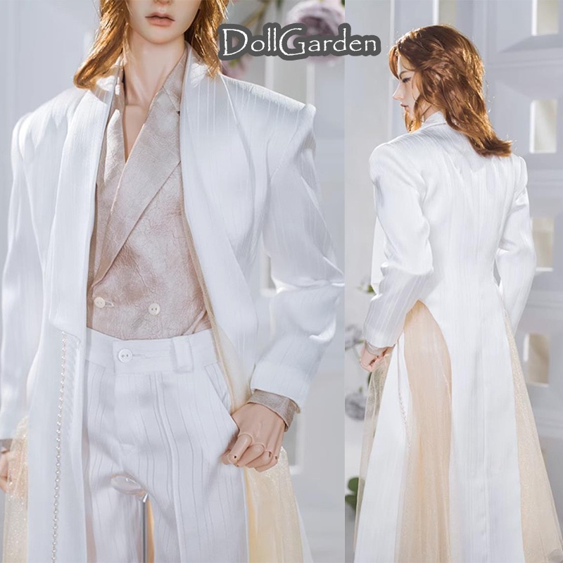 BJD 衣装 75cm筋肉ありドール服 白色 長袖 ロングコート チュールアウター ワイドパンツ uncleサイズ球体関節人形用衣装セット