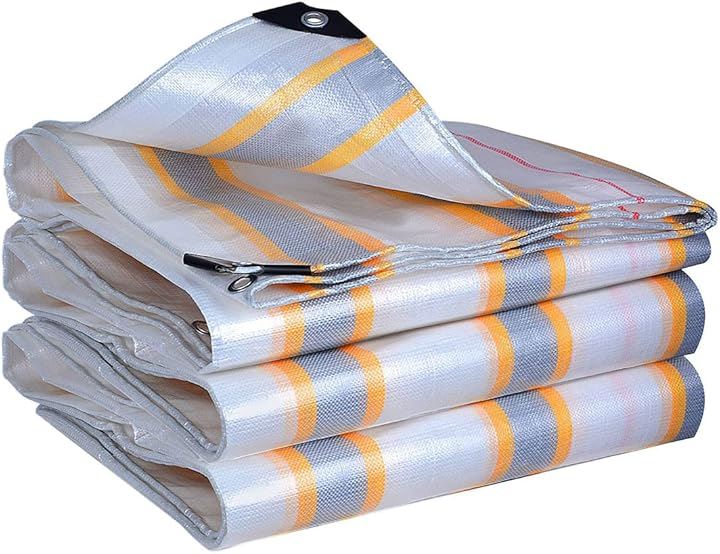 防水シート 屋外 屋根 厚手 ビニールシート 両面防水 防雨 防風 多肉 植物 猫犬ペットを守ります 内蔵メッシュ繊維強化ロープた HDPE製 (金銀のしま, 5.8Mx9.8M)