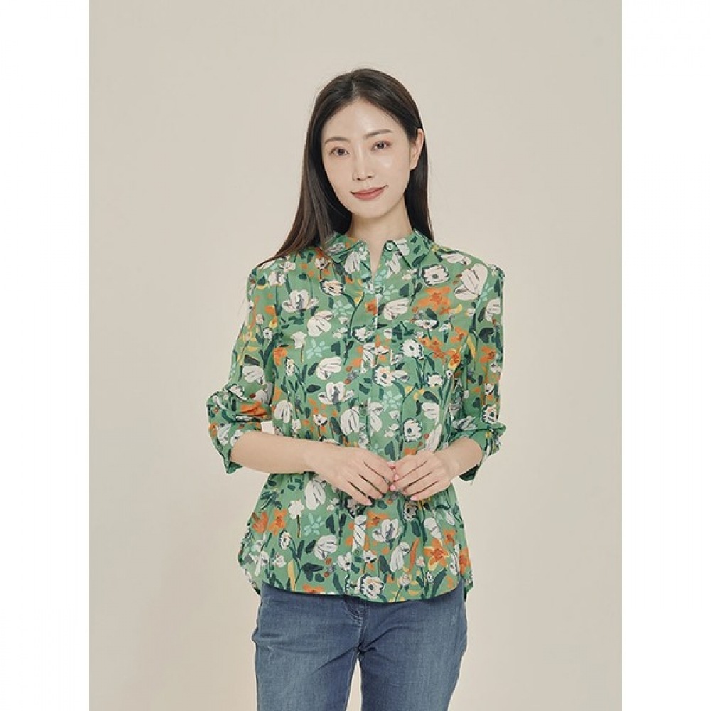 [オリビアハスラー] グリーンフラワーガーデンプリントレディースブラウスOHCMBL303