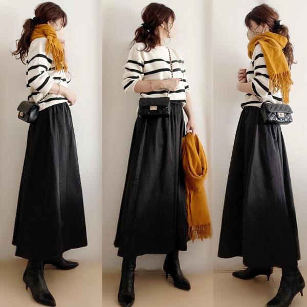 【2023秋冬の新作】 デザイン シンプル ボーダー ラウンドネック ニット スカート 無地 2点セット レディース