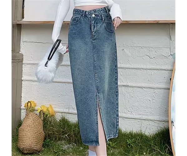 レディース スカート タイトスカート デニムスカート ロングスカート ミモレ ロング Aライン スリット ファスナー ポケット ハイウエスト ボタン ダメージ デニム ブルーデニム かわいい