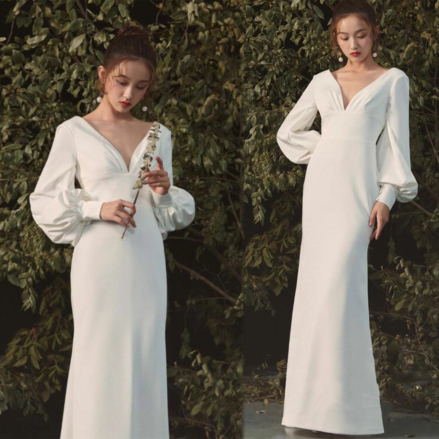 ウェディングドレス ロングドレス 長袖 二次会ドレス フォーマルドレス 花嫁ドレス シンプル パーティードレス プランジングネック Vネック スレンダーライン 優雅 エレガント ブライダル 演奏会 音 8,343円