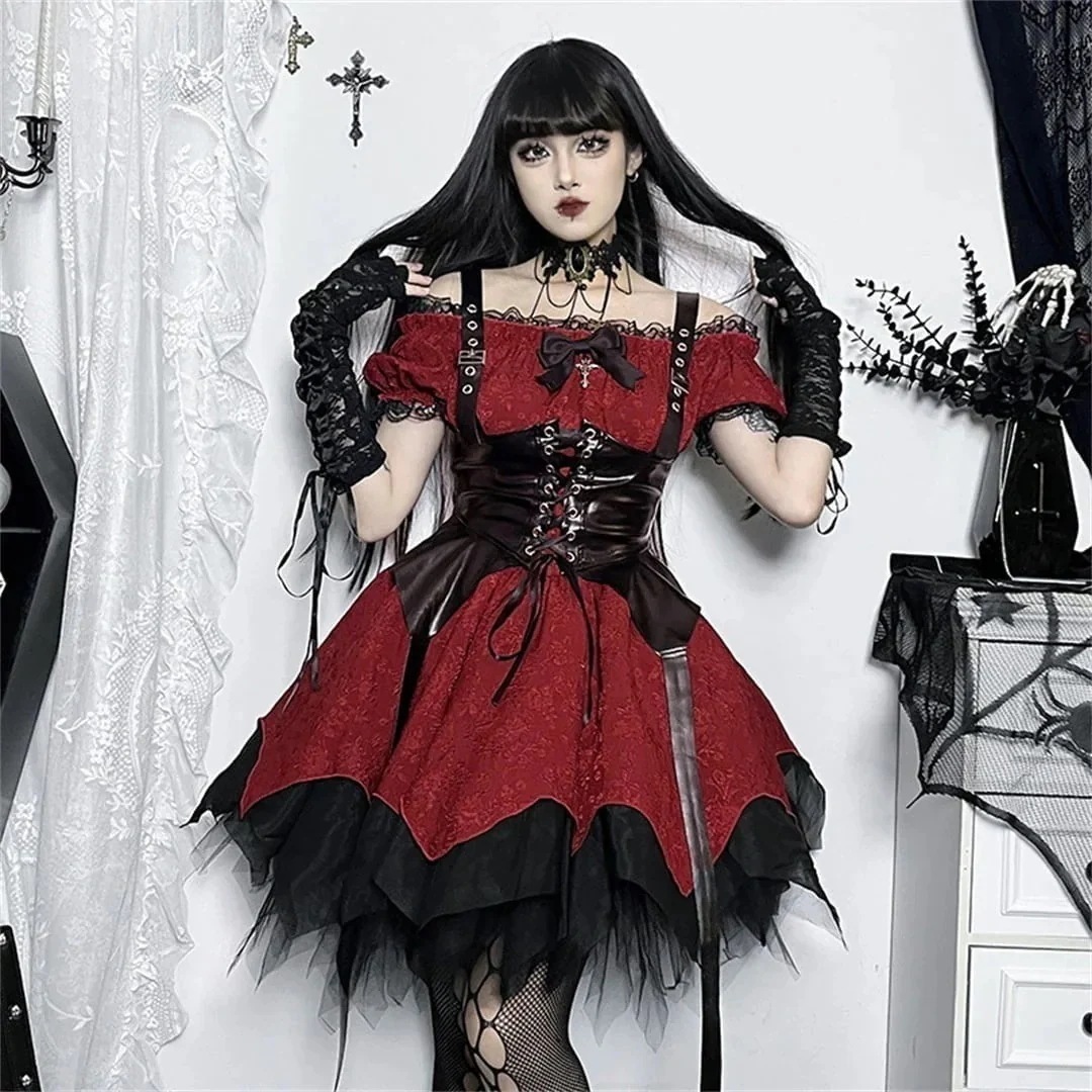 ハロウィン 今 短纳期 ワンピース+ベスト 膝上 レッド+ブラック S M L ワンピース