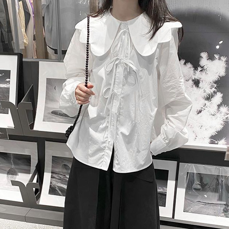 春秋新作長袖シャツレディース新作ニッチデザインシングルブレストレースアップ長袖シャツ無地シンプルカジュアルレディースシャツオールマッチファッション