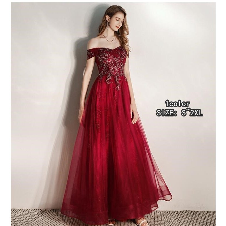 ロング丈ドレス オフショルダー 上品 大きいサイズ ウエディングドレス プリンセス パーディードレス