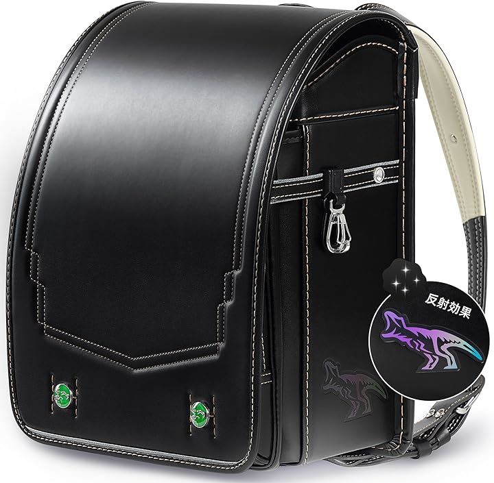 男の子向けランドセル ダイナソー 通学用バッグ 人工皮革 虹色反射 大容量 A4フラットファイル対応 軽量( ブラック)