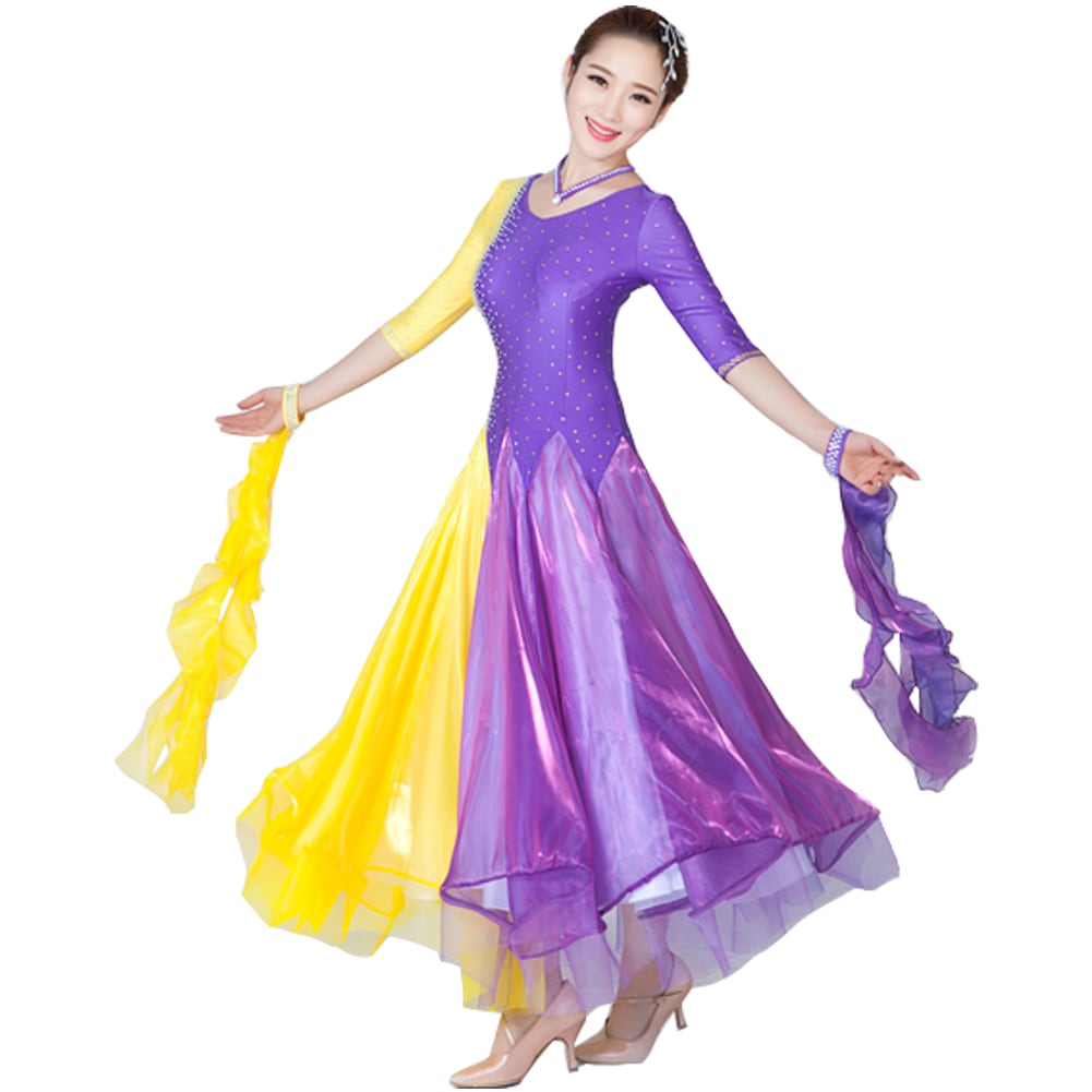 社交ダンス モダンドレス ワンピースドレス パッチワーク スタンダードドレス キラキラビジュー付き インターナショナルダンス 大きい裾 豪華 演出服 競技会 ワルツ服 競技用 S/M/L/XL/2XL