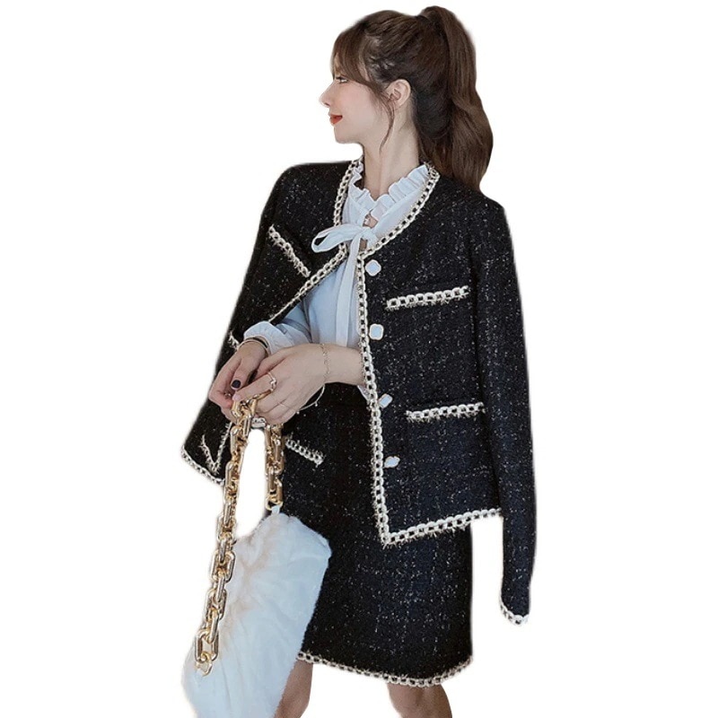 ファッションスリムツイードショートコートシャツショートスカートスリーピーススーツ