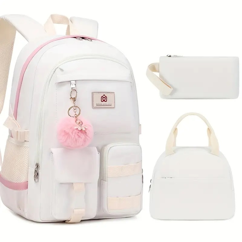 女性用バックパック3点セット15.6インチランチバッグ付きペンケース・ブックバッグ 学生向けトラベルバックパックカレッジバックパックノートPC対応ブラック