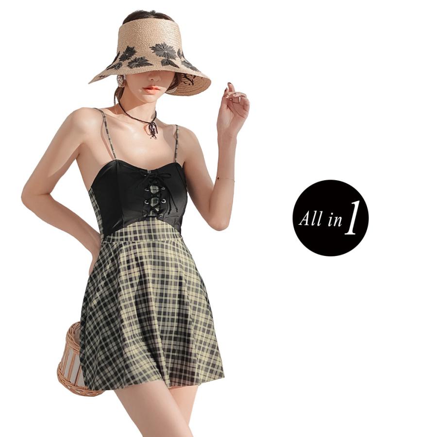 水着 レディース ワンピース オールインワン 体型カバー 可愛い 大人 お洒落 夏 ビーチ トレンド チェック柄