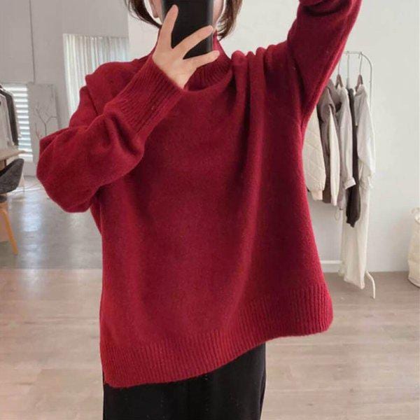 女性の秋のカジュアルなふわふわモックネックニットネックスセーターLDW-KN-SSIS597-レッド