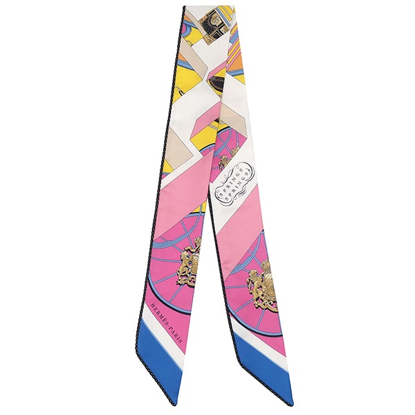 エルメス HERMES スカーフ ツイリー シルク ローズ×ブルー×ブラック 【SPRINGS SPRINGS BAGUETTE/スプリング スプリング バゲット】 【箱】【中古】