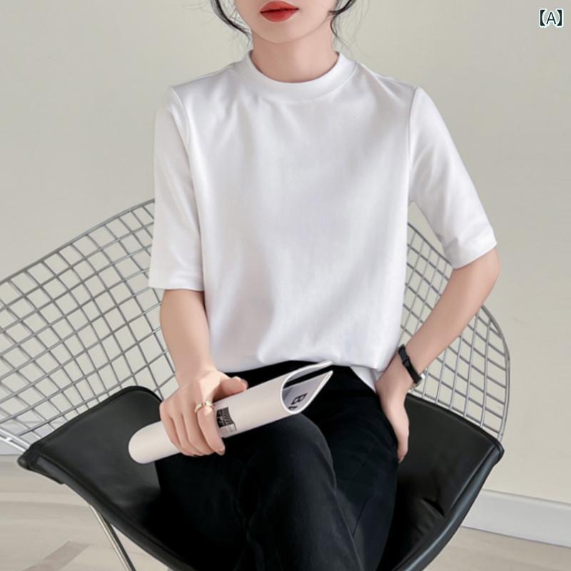 レディース トップス シンプル おしゃれ 綿 丈 スタンドカラー Tシャツ スリム ハーフ ハイネック 無地 ボトム 快適 丈 カラー
